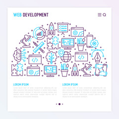 Wall Mural - web development concept in half circle with thin line icons of programming, graphic design, mobile a