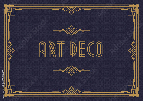 Wedding Invitation Card Template Horizontal Art Deco Style With Wedding Invitation Card Template Horizontal Art Deco Style With Frame Gold Color On Cyan Background Greeting Menu Restaurant Cafe