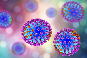 Sticker - Influenza virus. 3D illustration showing surface glycoprotein spikes hemagglutinin (purple) and neuraminidase (orange)