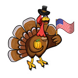 Fototapeta Pokój dzieciecy - Cartoon turkey in a hat with a pumpkin and an American flag in his hands. Vector illustration