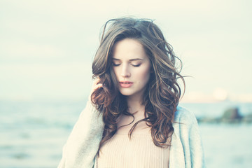 Beautiful Brunette Girl with Blowing Hair. Beautiful Woman, Vintage Boho Style