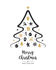 Wall Mural - merry christmas tree icon elements greeting text card golden isolated background