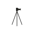 vector flat cartoon lens photo camera standing at special tripod stand side view. Professional photo equipment. Isolated illustration on a white background.