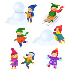 Kids, children doing winter activities - play snowballs, make snowman and snow angel, ice skate, tobogan, cartoon vector illustration isolated on white background. Kid, children winter activities set