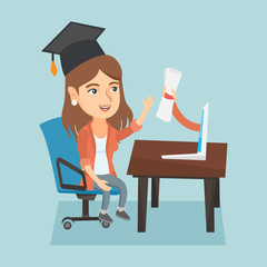 Poster - Young cheerful caucasian online school graduate getting diploma from the computer. Concept of educational technology, online education and graduation. Vector cartoon illustration. Square layout.