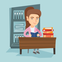 Sticker - Young caucasian smiling student sitting at the table and holding a book in hands. Happy female student reading a book in the library and preparing for exam. Vector cartoon illustration. Square layout.