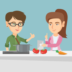 Sticker - Caucasian women following a vegetable meal recipe on a tablet computer. Young women looking for a recipe in a digital tablet. Women cooking meal together. Vector cartoon illustration. Square layout.