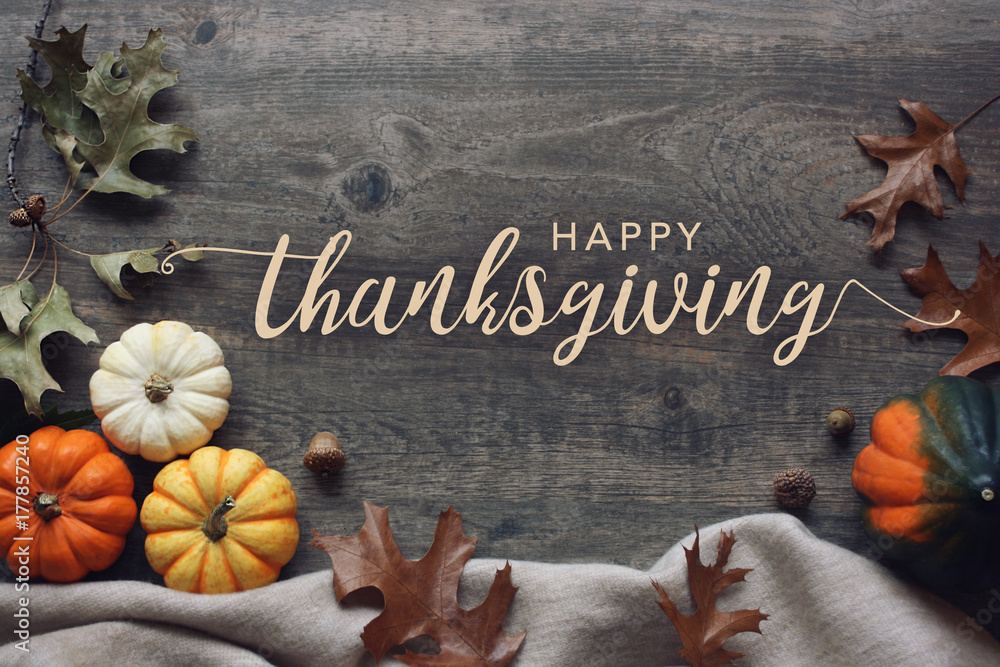 Happy Thanksgiving script with pumpkins and leaves over dark wooden ...