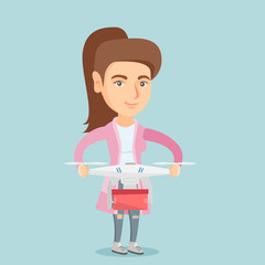 Wall Mural - Caucasian woman controlling delivery drone with post package. Woman getting post package from delivery drone. Woman sending parcel with delivery drone. Vector cartoon illustration. Square layout.