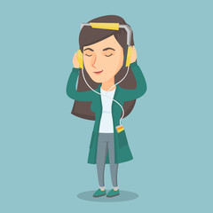 Poster - Caucasian woman listening to music on her smartphone. Young woman in headphones listening to music. Relaxed woman with closed eyes enjoying music. Vector cartoon illustration. Square layout.