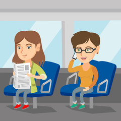 Poster - Caucasian women traveling by public transport. Woman using a mobile phone while traveling by public transport. Woman reading newspaper in public transport. Vector cartoon illustration. Square layout.