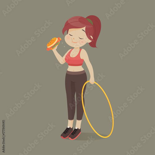 Fotografija Young woman eating a piece of fast food, Women refuse to exercise, Vector illust