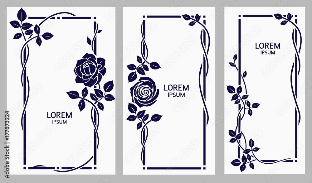 Set of decorative vintage frames with roses and leaves. Vector floral ...