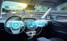 Empty Cockpit Of Autonomous Car, HUD(Head Up Display) And Digital Speedometer. Autonomous Car. Driverless Car. Self-driving Vehicle.