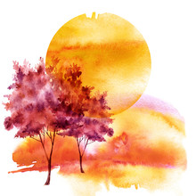 Red, Burgundy, Silhouette Of Trees Against The Background Of Sunset, Sunrise,
Red, Pink Sun. Vintage Illustration. Watercolor Landscape, Forest.  The Sun Is At Dusk In The Evening.