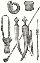 Old Grayscale Execution Illustration Of Arab Bedouins' Weapons And Other Objects. By Unidentified Author, Published On  Penny Magazine, London, 1835