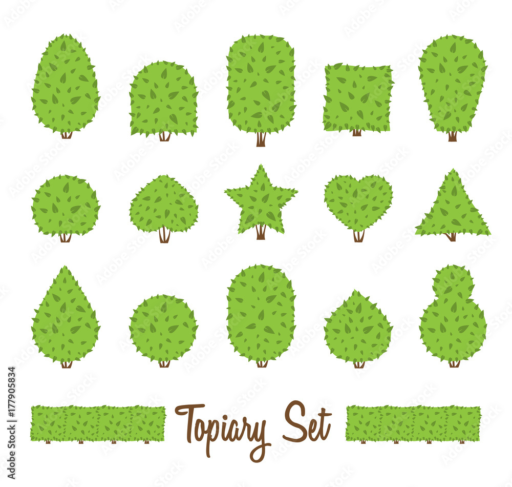 Topiary set. Different basic shape of bushes, trees. Green multiform ...