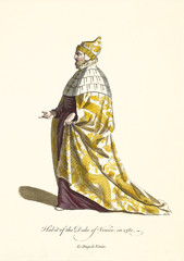 Doge of Venice dressing his traditional ancient clothes in 1581. Long medieval tunic rich of gold decoration and rich cap. Old illustration by J.M. Vien,T. Jefferys, London, 1757-1772 