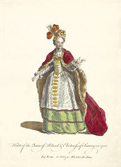 Old illustration of Queen of Poland in traditional dresses in 1700. Ancient elements like velvet cloak and gold decorated corsage By J.M. Vien, publ. T. Jefferys, London, 1757-1772