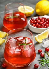 Wall Mural - Cold refreshing drink of cranberry, lemon, rosemary and ice cubes. Selective focus