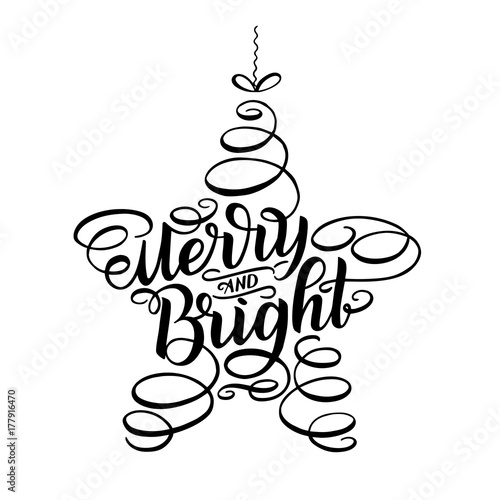 Vászonkép Merry and Bright New Year Lettering in form of star tree toy, Greeting Card design circle text frame isolated on white
