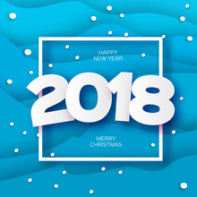 2018 Happy New Year Background. Blue Greetings Card For Christmas Invitations. Paper Cut Snow Flake. Paper Cut Winter Snowflakes Square Frame. Text. Origami Mountains. Landscape. Vector