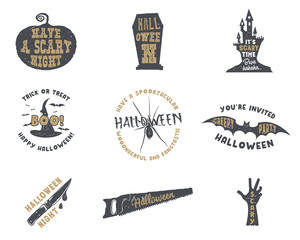 Wall Mural - Set of halloween silhouette badges. Vintage hand drawn Halloween party logo design for celebrating holiday. Retro monochrome style. Stock isolated on white background