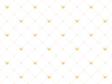  Seamless Pattern In Retro Style With A  Gold Crown And Pink Polka Dots On White Background. Cute Wallpaper For Little Princesses.