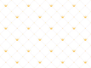  Seamless pattern in retro style with a  gold crown and pink polka dots on white background. Cute wallpaper for little princesses.