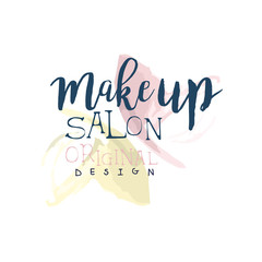 Canvas Print - Make up salon original logo design, label for beauty studio, cosmetics shop, spa center watercolor vector Illustration