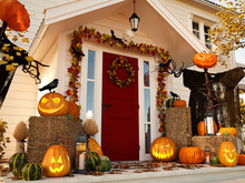 Halloween Decorated House With Pumpkins. 3d Rendering