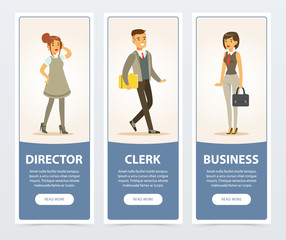 Sticker - Business people, company staff, director, clerk, business banners for advertising brochure, promotional leaflet poster, presentation flat vector elements for website or mobile app