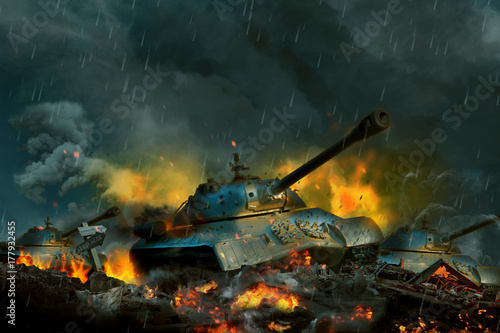 Fotografia Three tanks moving in swampland