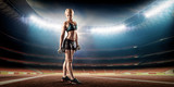 Fototapeta Sport - beautiful sporty woman doing work out with dumbbells on stadium