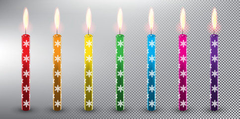 Wall Mural - Set of 7 colorful vector candles. Birthday cake candles. Christmas decoration. Realistic and isolated with transparent burning flame and shadow on the white background. Vector illustration. Eps10.