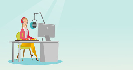 Sticker - Young dj working in front of microphone, computer and mixing console on the radio. Caucasian news presenter in headset working on the radio station. Vector flat design illustration. Horizontal layout.