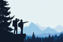 Vector Illustration Of A Mountain Landscape With A Forest And Two Tourists, Man And Woman With Backpacks Showing His Hand And Looking Into The Distance