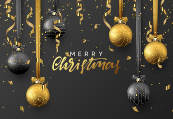 Christmas greeting card, poster, banner. Design graphic Xmas ball golden hanging on ribbon, gold serpentine and confetti