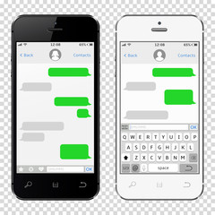 Smartphones with messaging sms app template, isolated on transparent background