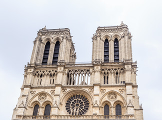 Fragmen of  facade of Notre Dame Cathedral on Cite Island. Paris, France