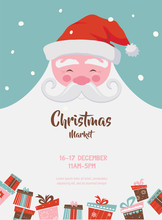 Christmas Market Poster With Santa And Presents. Vector Illustration