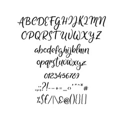Wall Mural - Vector hand drawn alphabet and symbols. Script font isolated on white background. Handwritten alphabet for your designs: wedding decor, logo, posters, invitations, cards, etc.