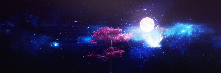 Wall Mural - night sky abstract background with tree silhouette