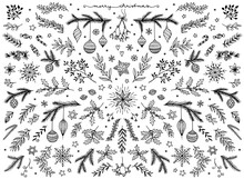 Hand Sketched Floral Design Elements For Christmas: Pine Tree Branches, Holly, Mistletoe And Other Floral Ornaments For Text Decoration
