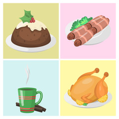 Wall Mural - Traditional christmas food cards desserts holiday decoration xmas sweet celebration meal vector illustration.