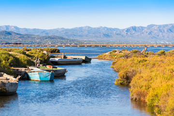 Ebro Delta estuary and wetlands, Tarragona, Catalunya, Spain. Copy space for text.