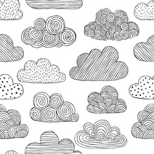 Beautiful Black And White Seamless Pattern Of Doodle Clouds. Design Background Greeting Cards And Invitations To The Wedding, Birthday, Mother S Day And Other Seasonal Autumn Holidays.
