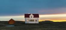 Norwegian Beautiful House Lit By The Midnight Sun