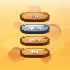 Sticker - Vector cartoon style wooden buttons with text for game