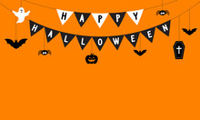 Happy Halloween Background Vector Illustration. Halloween Hanging Ornaments With Flag Garland On Orange Background.